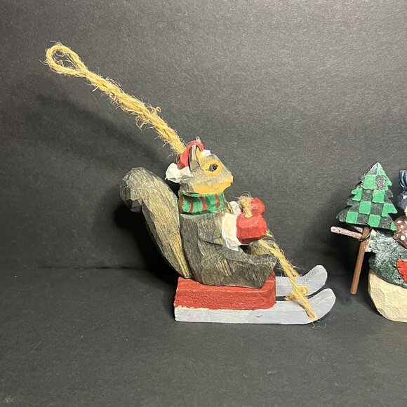 Lot of 2 Crate & Barrel Wooden Squirrel & Kirkland Snowman Christmas Ornaments - Picture 2 of 7